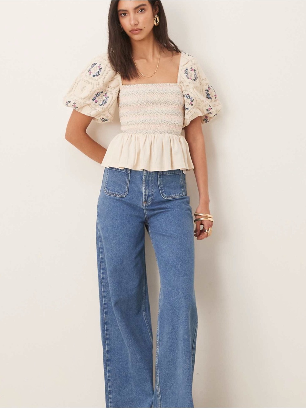 ASOS DESIGN Cottagecore Embroidered Puff Sleeve Smocked Peplum Top NWT - Picture 2 of 11